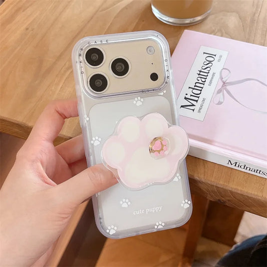 ホワイト 肉球 くるくる回る グリップ 足跡 iPhoneケース #231001