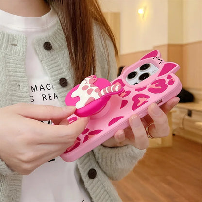 【アニマルシリーズ】レオパード柄＆立体ネコデザイン スマホケース｜iPhone対応 #250930