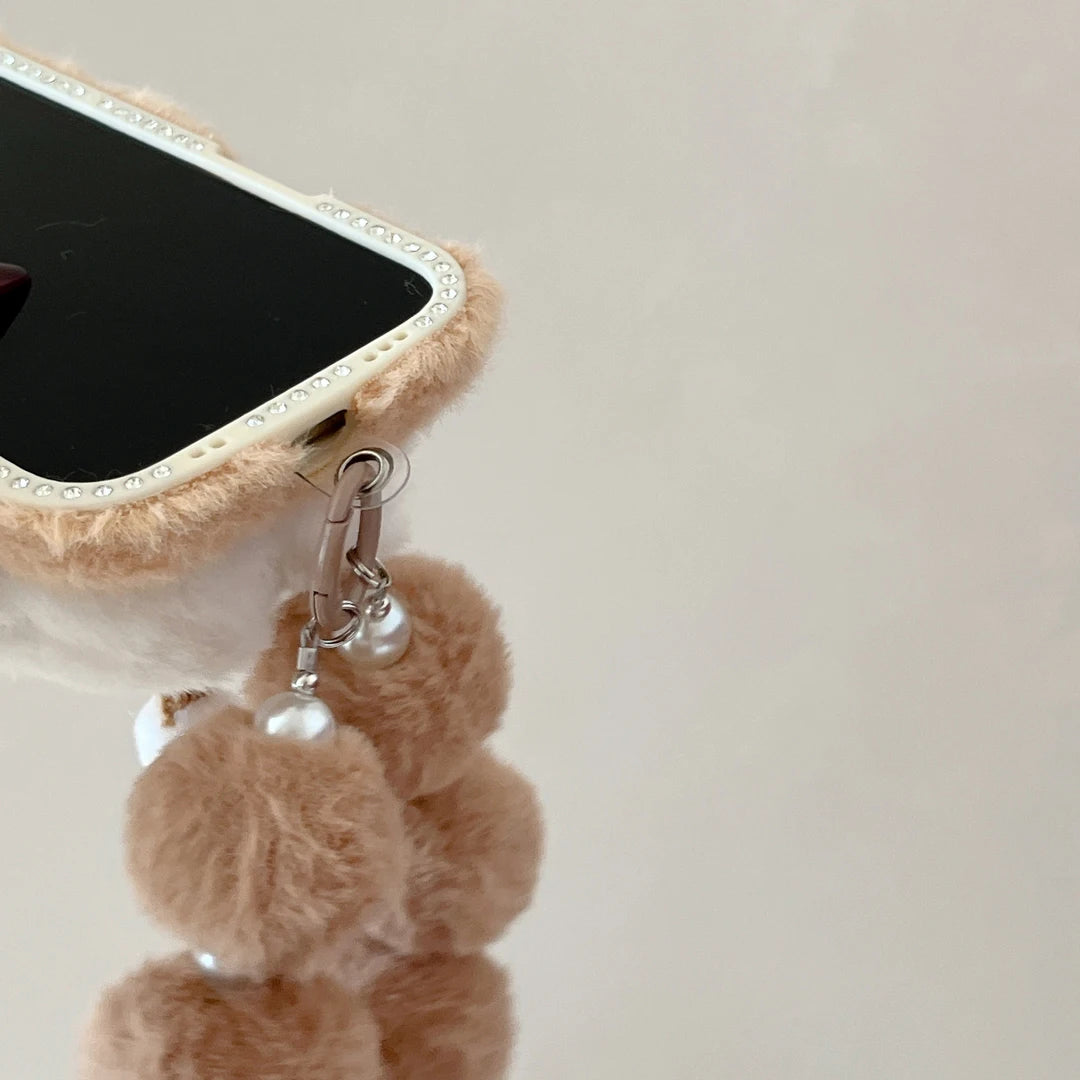 【ふわもこアニマルシリーズ】リボンベア スマホケース｜もこもこ素材 × ポンポンストラップ付き｜iPhone対応 #241205