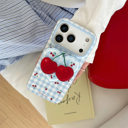 チェリー チェック柄 水色 キュートなさくらんぼ iPhoneケース｜淡色・ガーリー #260075