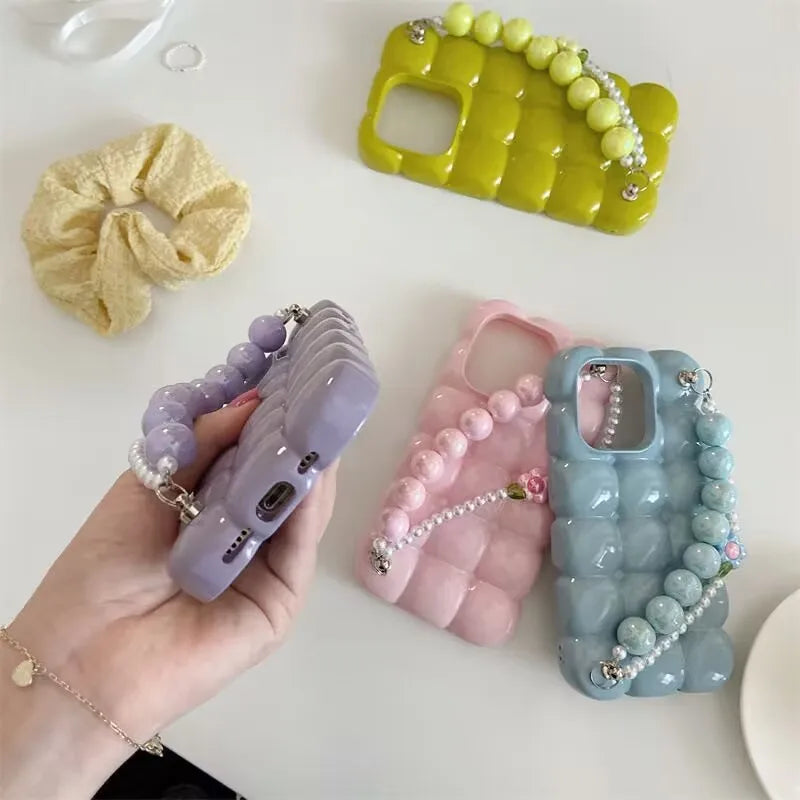 【ぽこぽこシリーズ】3D立体キューブデザイン ビーズストラップ付き スマホケース｜iPhone対応 #251027