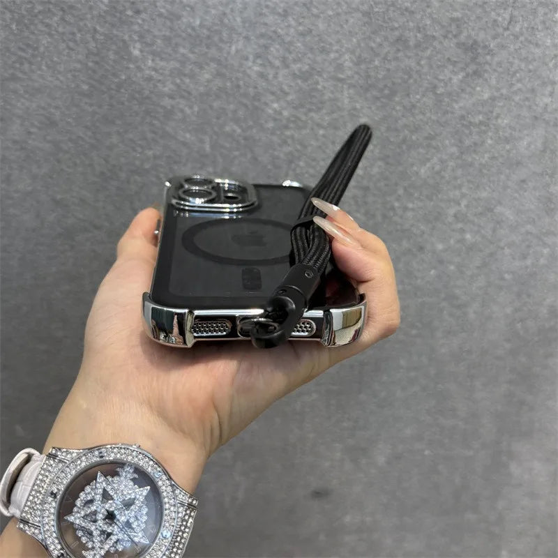 【Magsafe対応】メタリックフレーム クリアカラー × ストラップ付き スマホケース｜iPhone対応 #250228