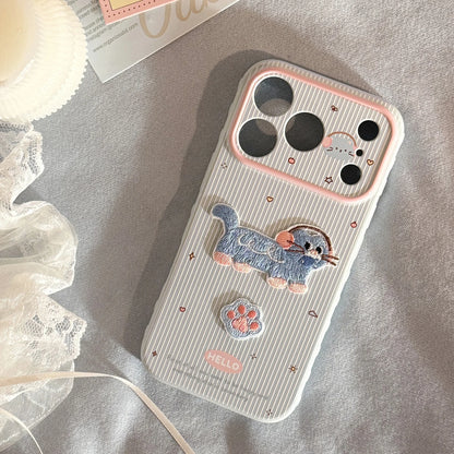 【アニマルシリーズ】 ねこ Cat 刺繍 ストライプケース｜iPhone対応 #240915