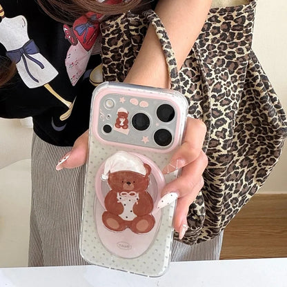 かわいいくまグリップ 星柄 クリア Magnet内蔵 iPhoneケース｜ドット柄 #260026