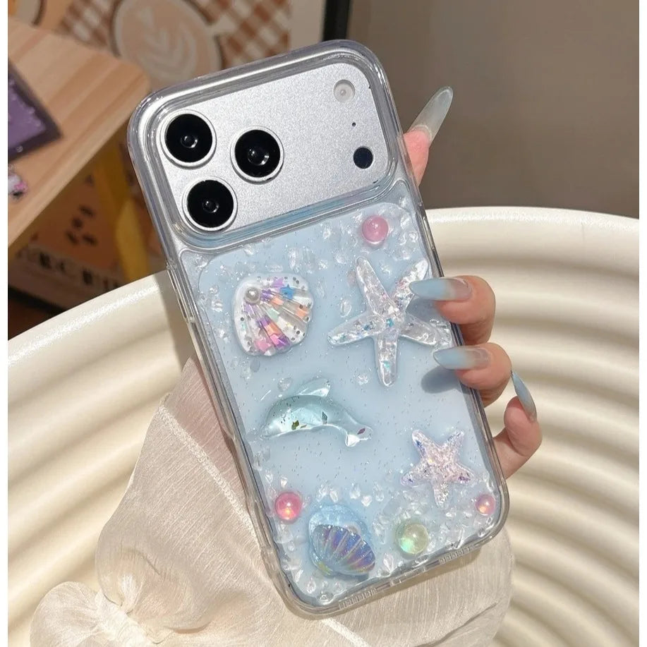 3D 立体クリア貝殻 シェル ヒトデ イルカ デザイン 海モチーフ iPhoneケース #260087
