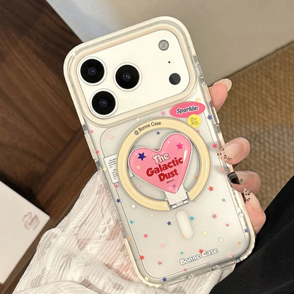 【マグネット式折りたたみハートスタンド付き】クリア カラフルスター ピンクハート スタンド スマホケース｜iPhone対応 #240630