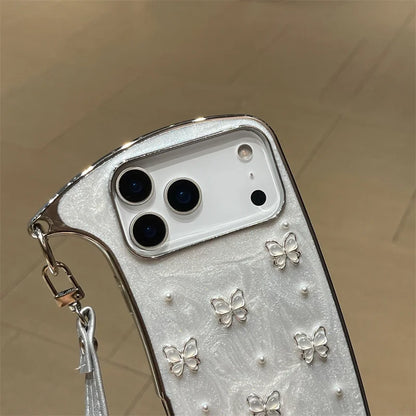 【ショルダーバッグ型 】ストラップ付き パールバタフライ スマホケース｜iPhone対応 #241001