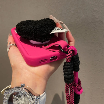 【もこもこハートチャーム】ショルダーストラップ付きスマホケース｜iPhone対応 #250809