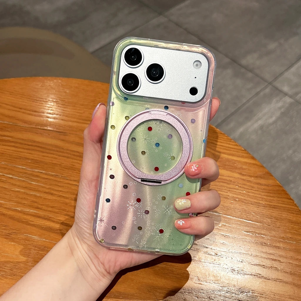 【ドット柄】オーロラグラデーション  iPhoneケース  折りたたみリングスタンド カラフルドット  回転リングホルダー 耐衝撃スマホケース #230901