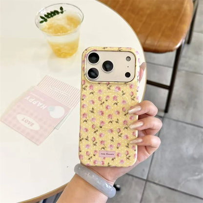 ハートグリップ イエロー花柄 Magnet内蔵 iPhoneケース｜淡色レトロ・大人かわいい #260027