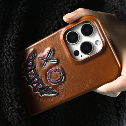 【本革シリーズ】艶あり スムースレザー スマイル ステッチケース｜iPhone対応 #240831