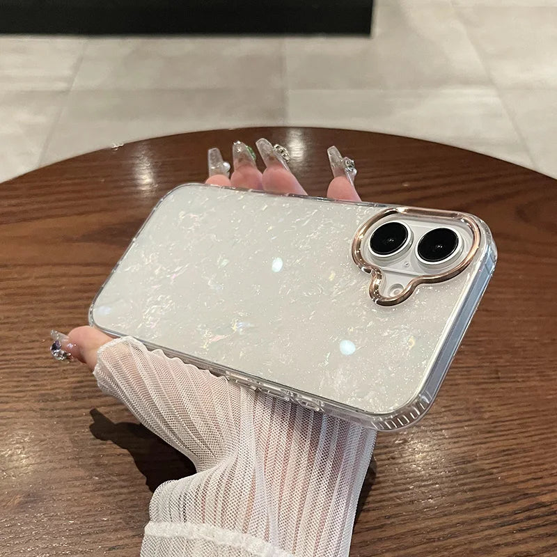 【大理石風】上品パール調 ホワイトシェル クリア iPhoneケース 高級感 キラキラ おしゃれ 耐衝撃｜iPhone対応 #250405