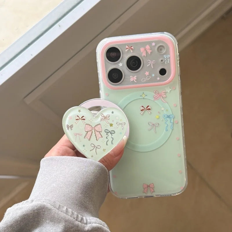 ミントグリーン リボン柄 ハートグリップ付き Magnet内蔵 iPhoneケース｜淡色 #260011
