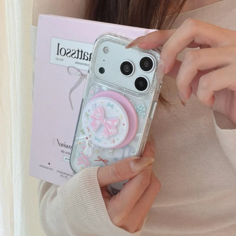 リボン総柄 クリアグリッター Magnetグリップ付き iPhoneケース #260213