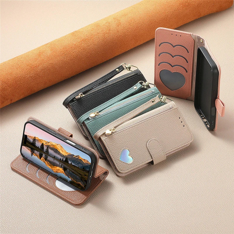 【ブックスタイル】ハートモチーフ レザー調 財布一体型 手帳タイプ iPhoneケース｜ショルダーストラップ付き #240205