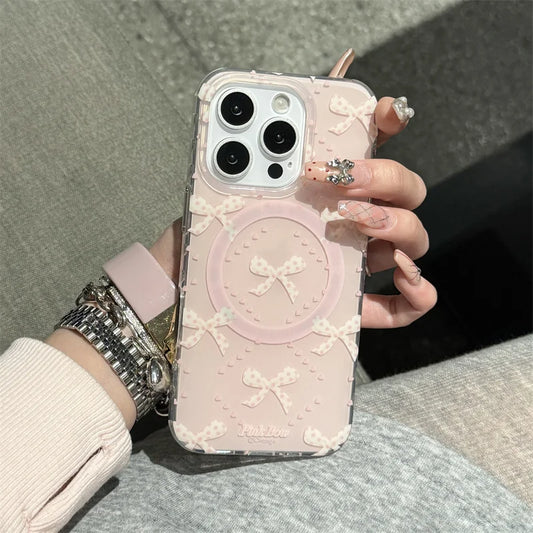 【リボンパールグリップ】ガーリ ピンクハート ケース｜iPhone対応 #250724
