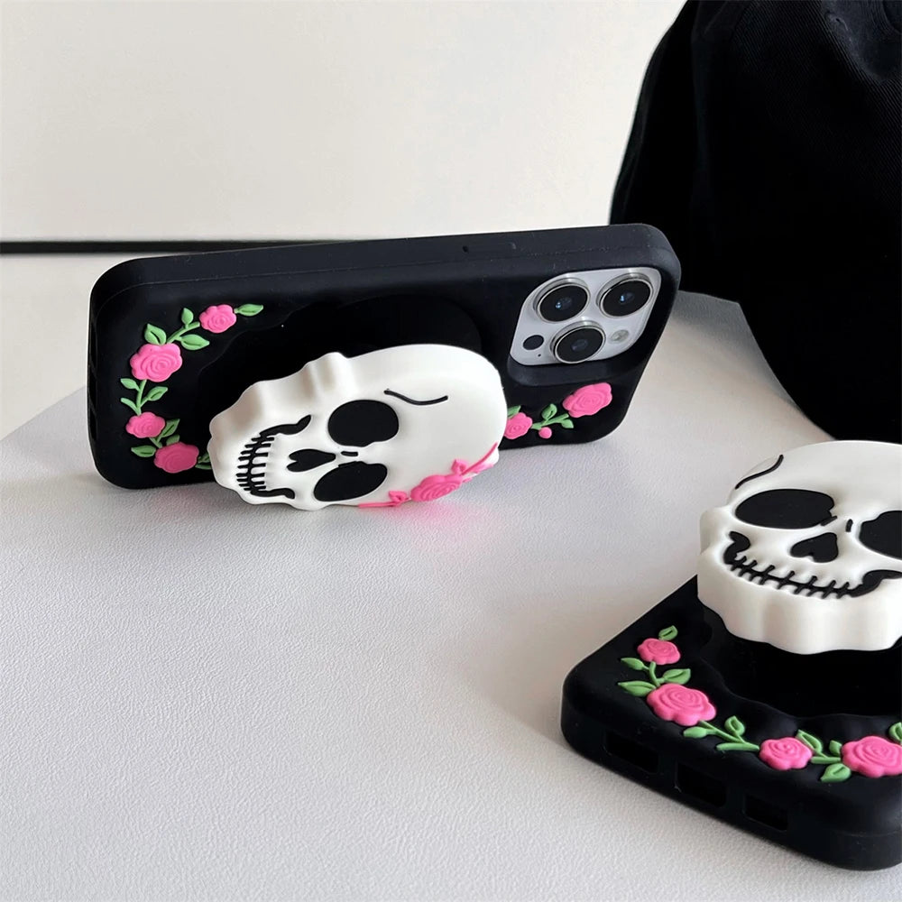スカル×フラワー 立体デザイン マットブラック iPhoneケース｜ロック・個性派 #231102