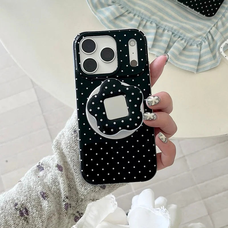 ドット柄 フラワーグリップ Magnet内蔵 iPhoneケース｜シンプルガーリー・韓国風 #231101