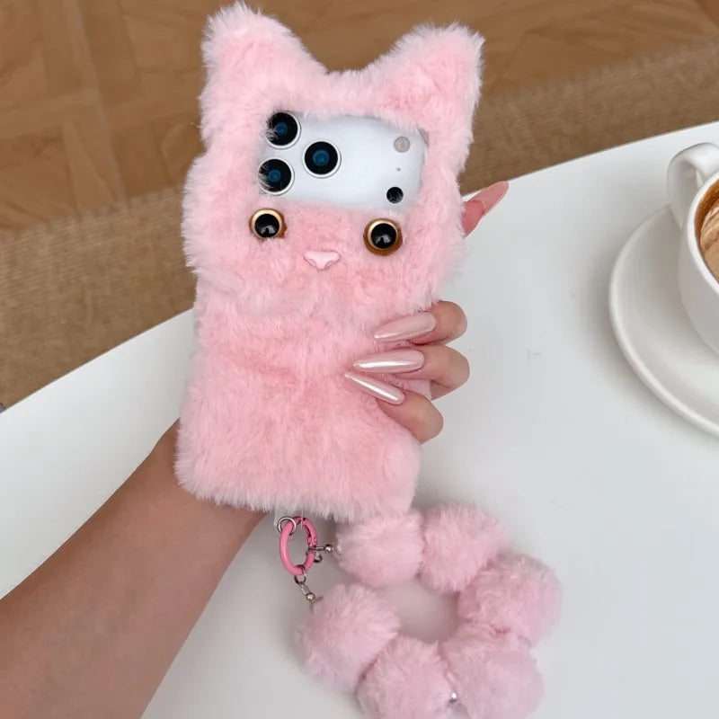 【キャットファーポンポン】ねこ耳 × ふわもこファー スマホケース｜iPhone対応 #250109
