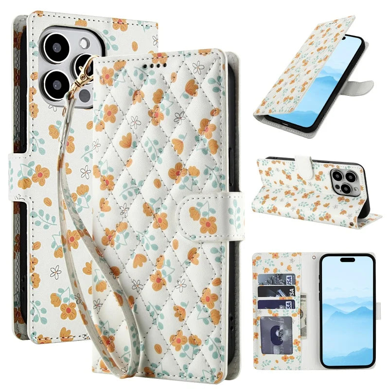 【ブックスタイル】花柄 フラワーキルティング ストラップ付き 手帳型 iPhoneケース｜カード収納 ショルダー対応 #240110