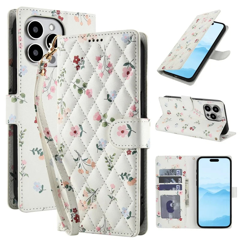 【ブックスタイル】花柄 フラワーキルティング ストラップ付き 手帳型 iPhoneケース｜カード収納 ショルダー対応 #240110