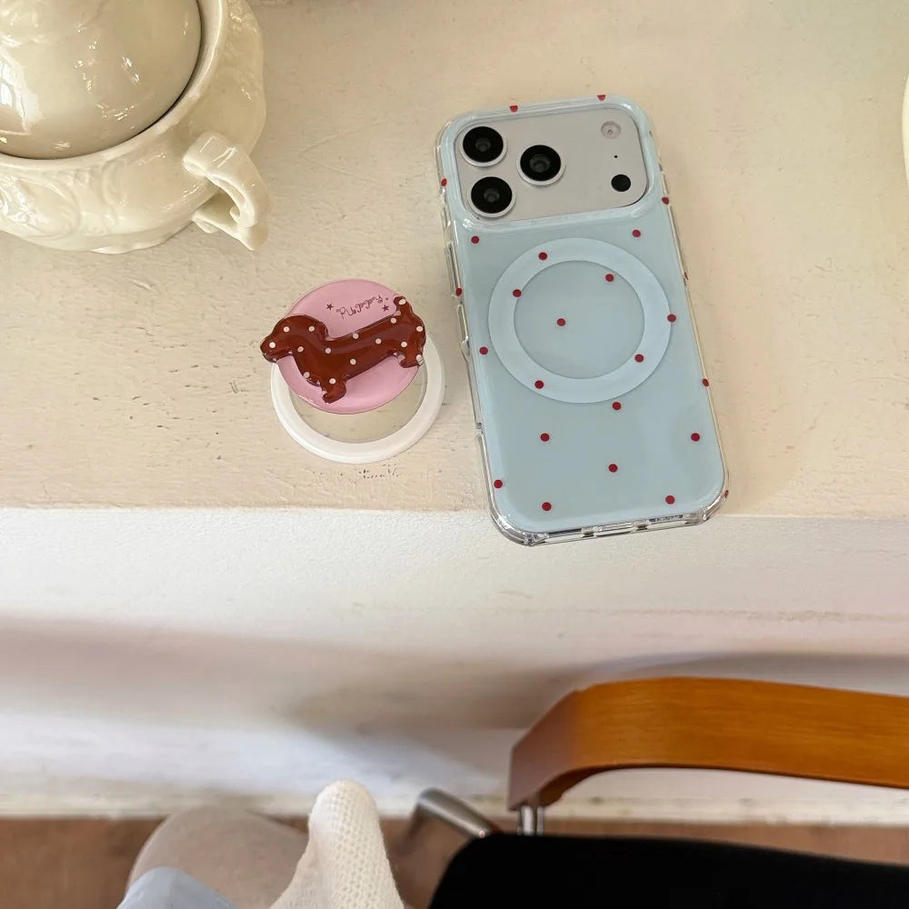 ダックスフンド スタンド付き 淡色ドット Magnet内蔵 iPhoneケース｜レトロかわいい #261257　
