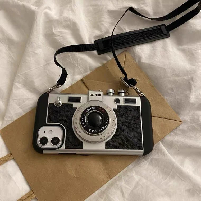 レトロカメラデザイン ショルダーストラップ付き iPhoneケース #260212