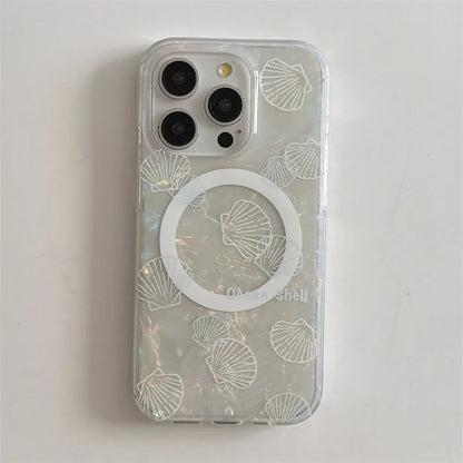 シェルグリップ 貝殻 ミラー Magnet内蔵 iPhoneケース｜ホワイトオーロラデザイン #230706
