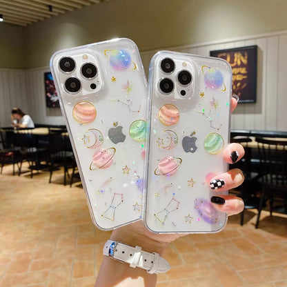 【グリッター 惑星 クリアスマホケース】星 月 ラメ｜iPhone対応 #250814