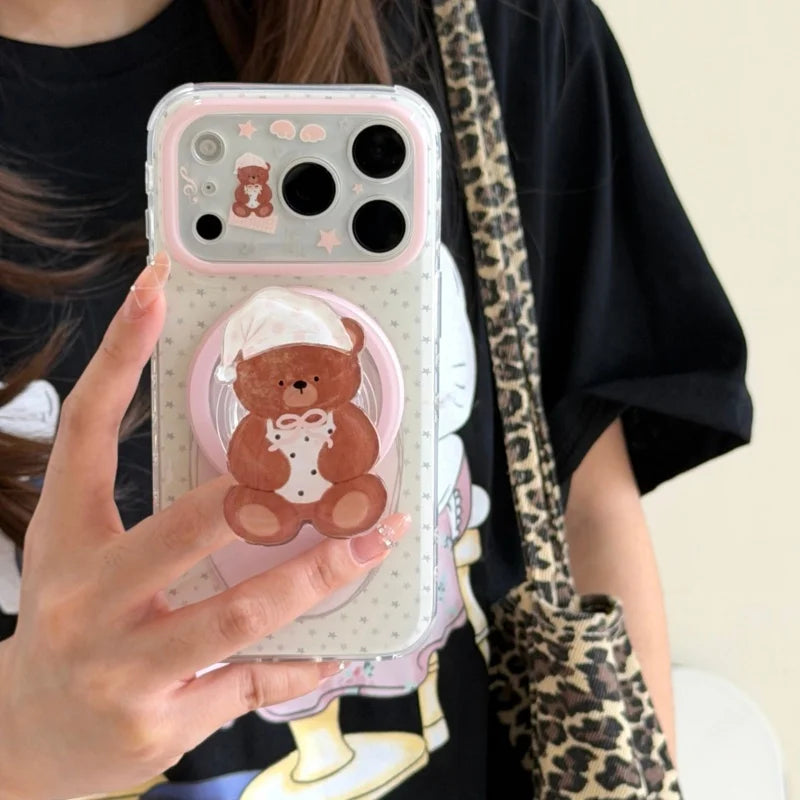 かわいいくまグリップ 星柄 クリア Magnet内蔵 iPhoneケース｜ドット柄 #260026