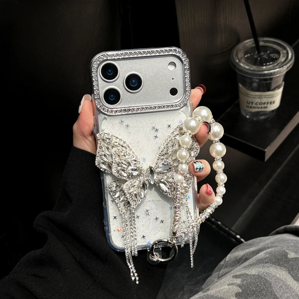 【グリッターバタフライ】キラキラ 蝶々 × ジュエリーチェーン スマホケース｜iPhone対応 #240807