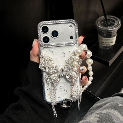 【グリッターバタフライ】キラキラ 蝶々 × ジュエリーチェーン スマホケース｜iPhone対応 #240807