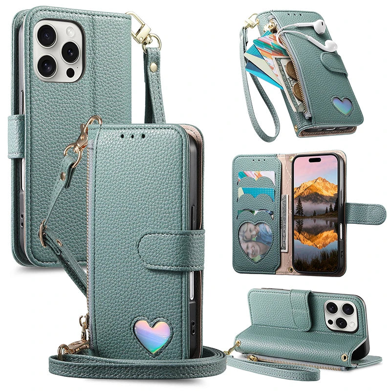 【ブックスタイル】ハートモチーフ レザー調 財布一体型 手帳タイプ iPhoneケース｜ショルダーストラップ付き #240205