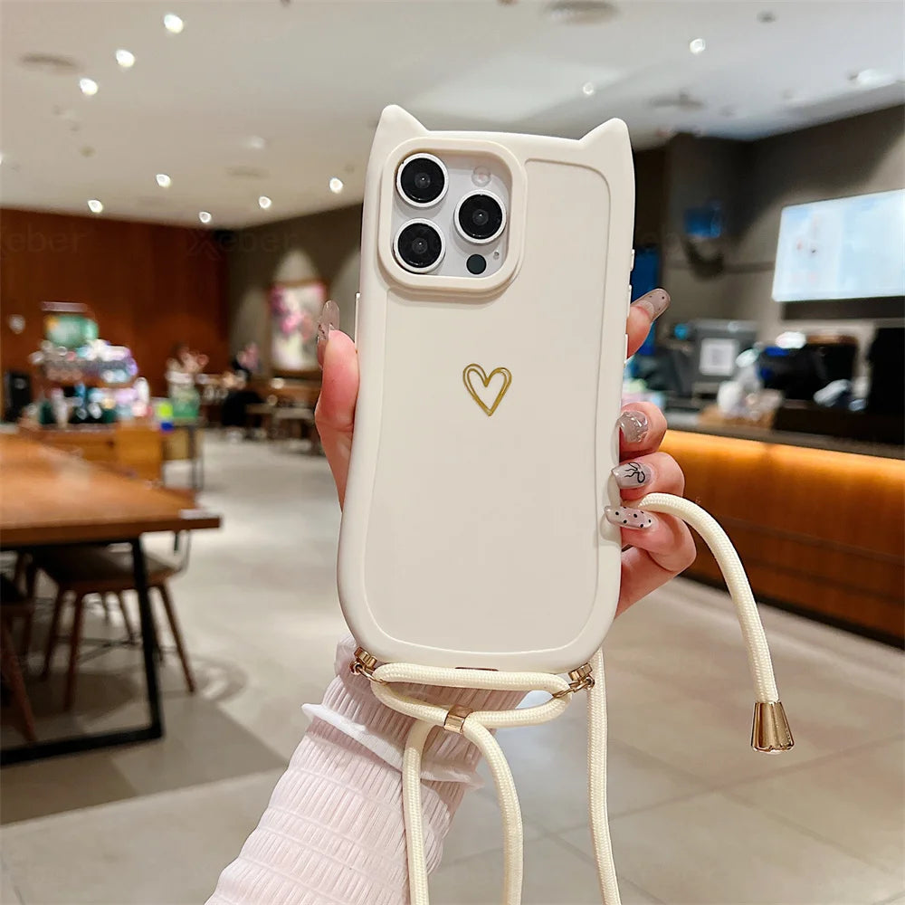 【猫耳シリーズ】ハートワンポイント ショルダー iPhoneケース｜ソフトTPU #240213