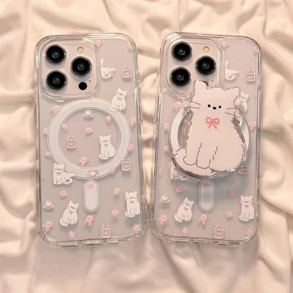リボンねこイラスト クリアデザイン Magnet内蔵 グリップ付き iPhoneケース #240120