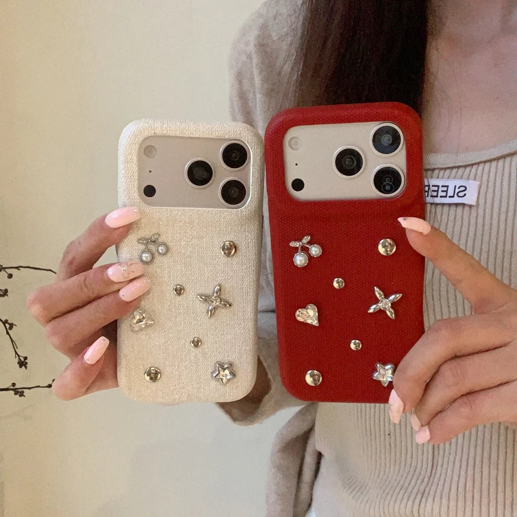 フラワー チェリーモチーフ iPhoneケース｜ビジュー装飾・布調デザイン #240530