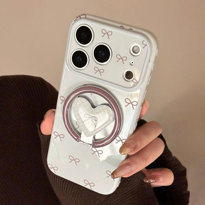 【マグネット式折りたたみハートスタンド付き】プチリボン柄 チェック ハートリング スマホケース｜iPhone対応 #240702