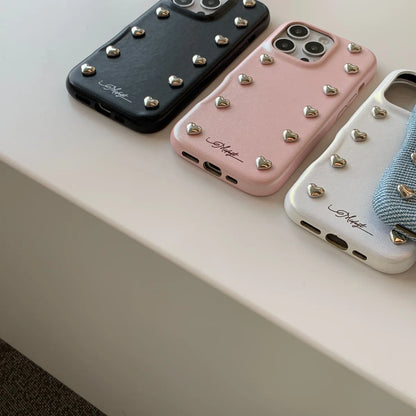 【ハートスタッズシリーズ】シルバーハート レザー デニム調 デザインスマホケース｜iPhone対応 #251217