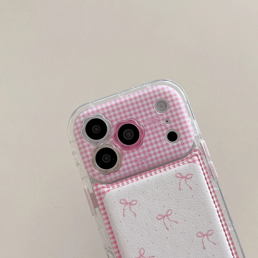 【ピンクギンガムチェック】リボン柄 折りたたみ式ホルダー付き スマホケース｜iPhone対応 #240622