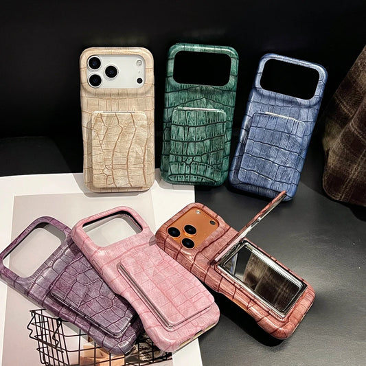 クロコ型押し レザー調 コンパクトミラー付き iPhone スマホケース #260530