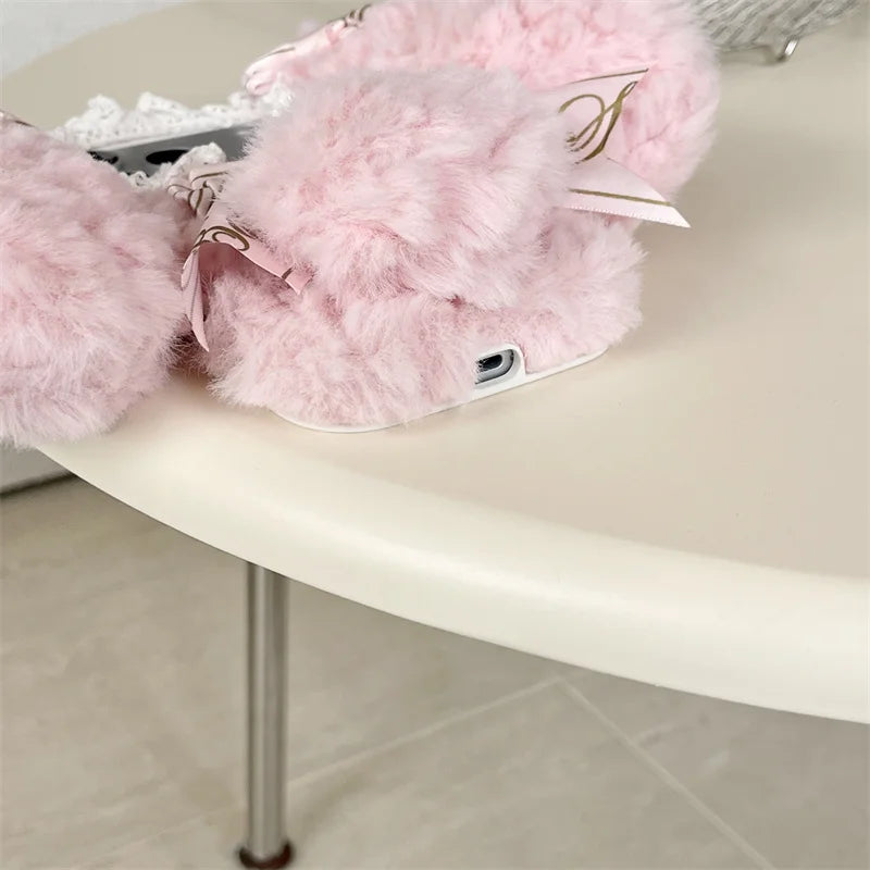 【ロリータファーリボンうさぎ】耳付き ふわもこリボン × レースデザイン ラビット スマホケース｜iPhone対応 #250102