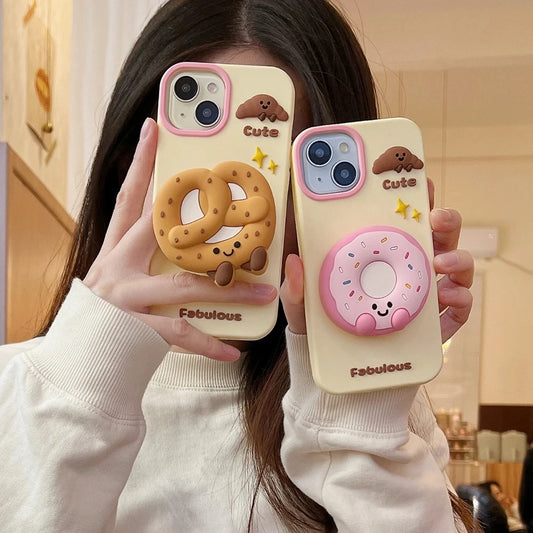 【ぷっくり3Dシリーズ】ドーナツ×プリン×プレッツェル 立体スイーツ ポップソケット スマホケース｜iPhone対応 #250212