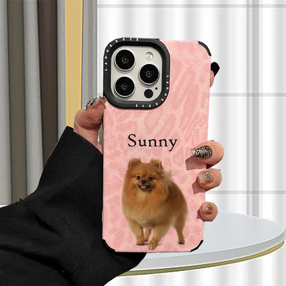 【カスタムNAMEシリーズ】ペット写真 × カスタム ネーム 印字 ピンクレオパード スマホケース｜iPhone対応 #241006