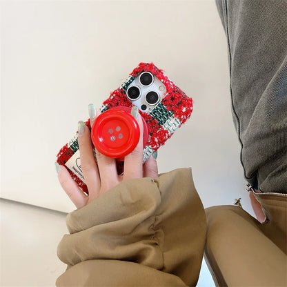 【ツイードカラーボタン】ツイードチェック×ビッグボタン ストラップ付きスマホケース｜iPhone対応 #250201