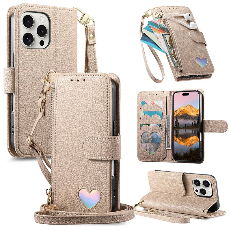 【ブックスタイル】ハートモチーフ レザー調 財布一体型 手帳タイプ iPhoneケース｜ショルダーストラップ付き #240205