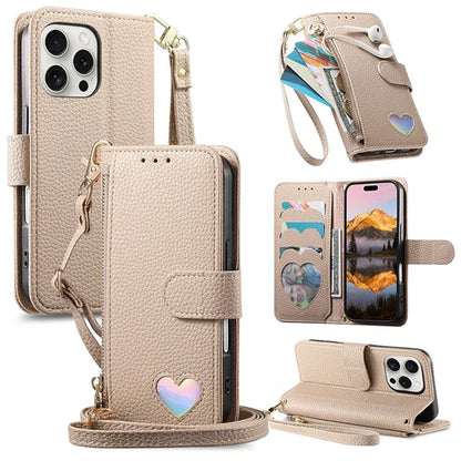 【ブックスタイル】ハートモチーフ レザー調 財布一体型 手帳タイプ iPhoneケース｜ショルダーストラップ付き #240205