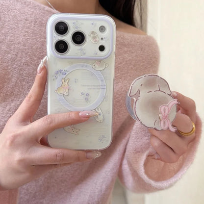 うさぎグリップ 小花×パープル クリア Magnet内蔵 iPhoneケース｜淡色・透明感 #260016