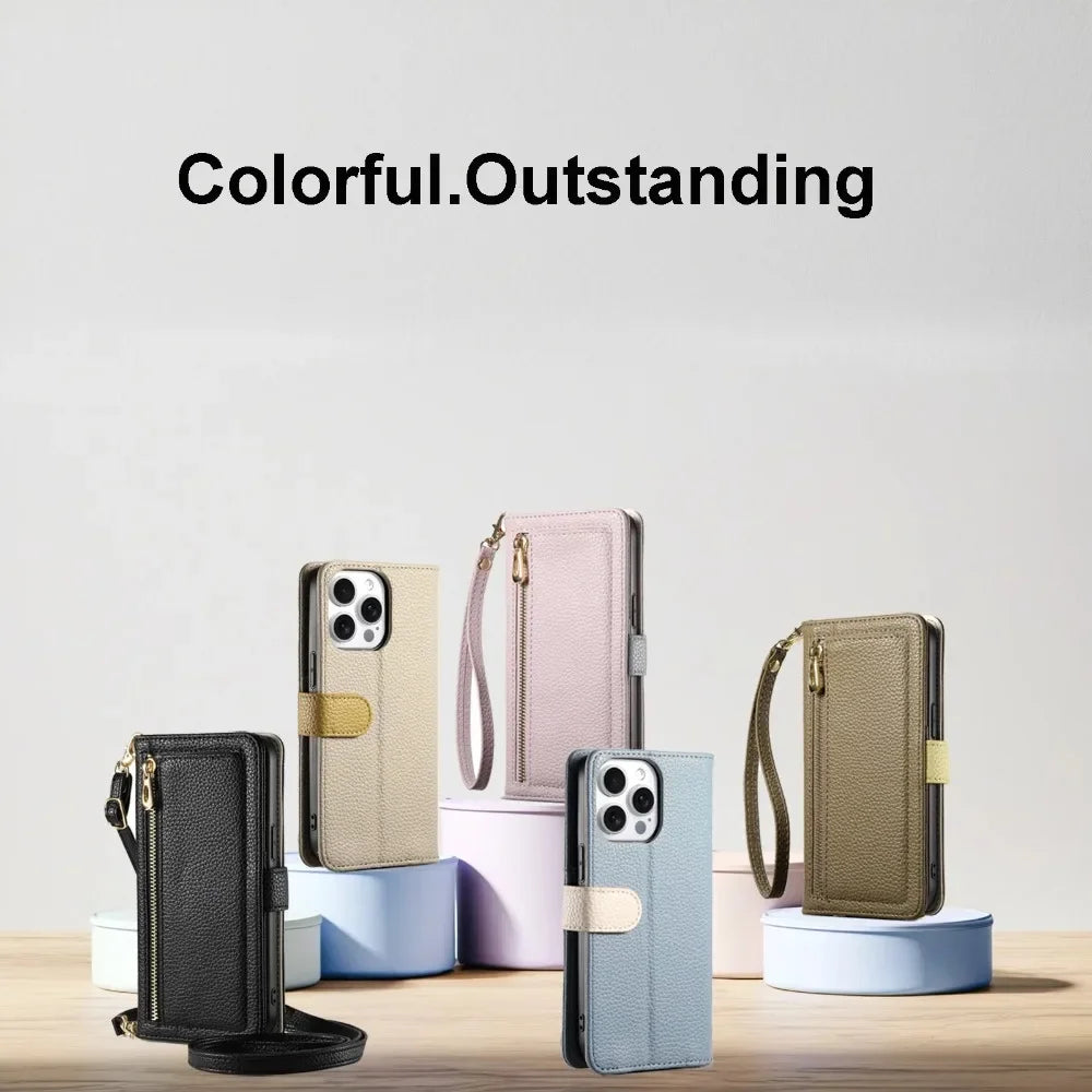 【ブックスタイル】レザー調 財布一体型 手帳型 iPhoneケース｜ファスナー収納・ミラー付き #240201