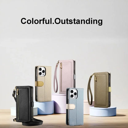 【ブックスタイル】レザー調 財布一体型 手帳型 iPhoneケース｜ファスナー収納・ミラー付き #240201