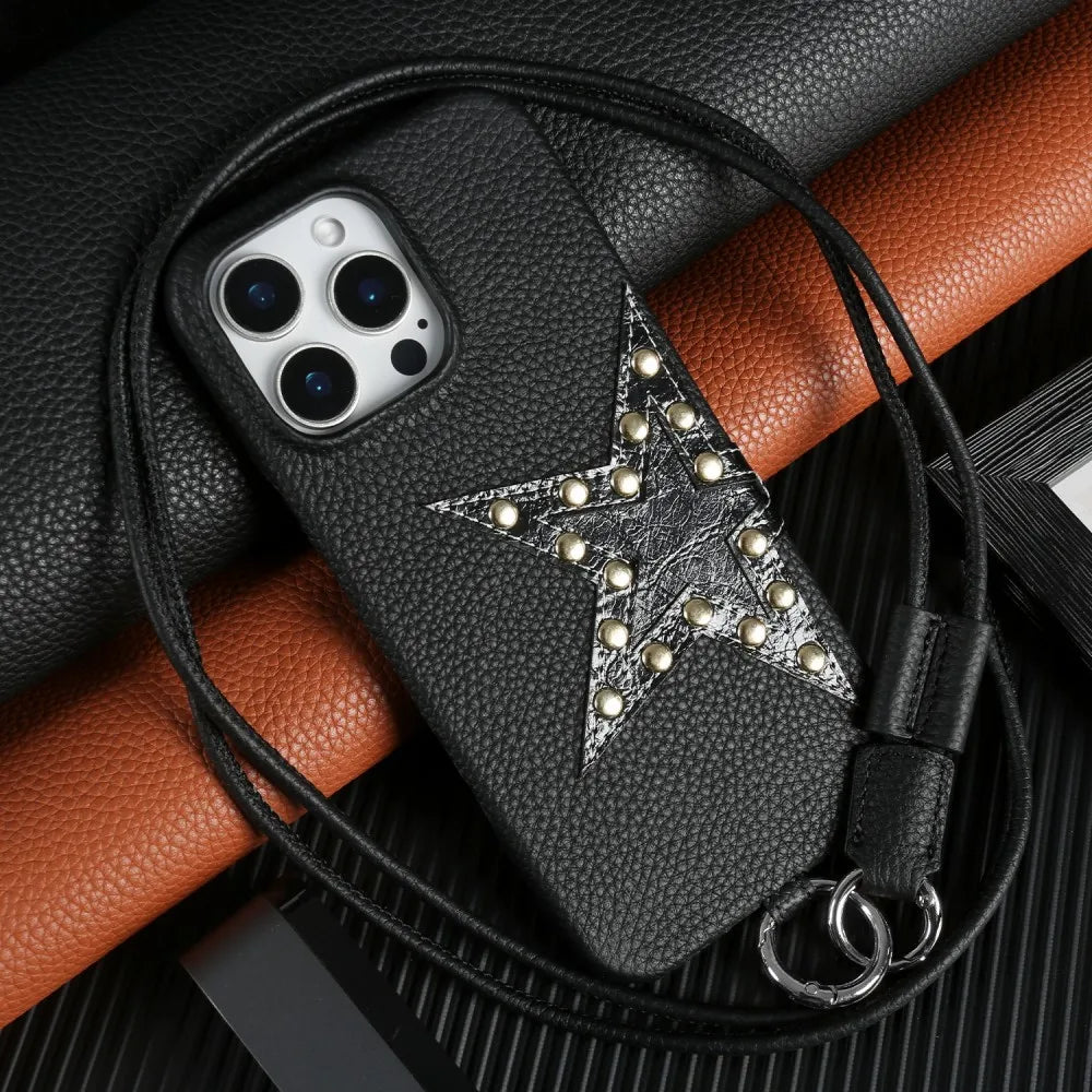 本革レザー】スタースタッズ レザー ロングストラップ ショルダー 本革レザー】スタースタッズ レザー ロングストラップ ショルダー